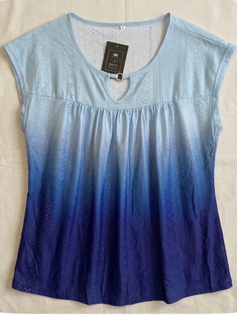 ETCYY Ombre-Style Eyelet Gathered Top, Women’s L, Blues